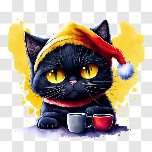 Download Adorable Black Cat with Santa Hat and Coffee Cups PNG Online ...
