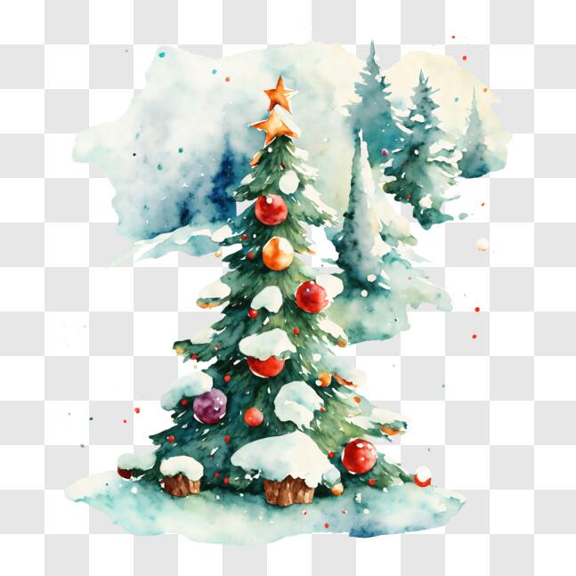 Download Feestelijk kerstboom schilderij in besneeuwd landschap PNG