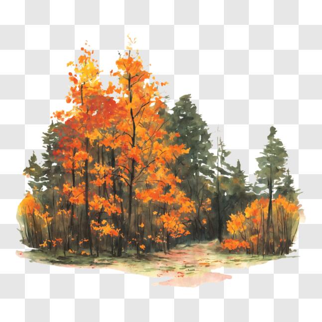 Download Watercolor Painting of Autumn Forest with Beautiful Colors PNG ...