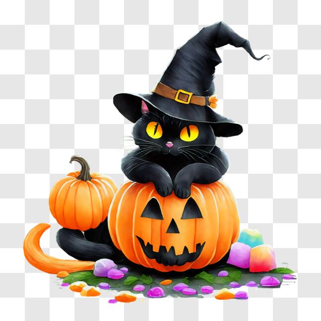Download Black Cat on Pumpkin with Witch Hat PNGs Online - Creative Fabrica
