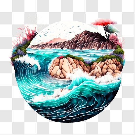 Scarica Quadro circolare dell'oceano con onde e rocce PNG Online - Creative  Fabrica