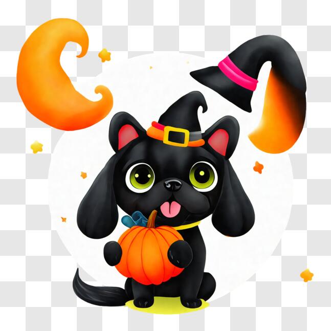 Download Black Dog Celebrating Halloween with Witch Hat and Pumpkin ...