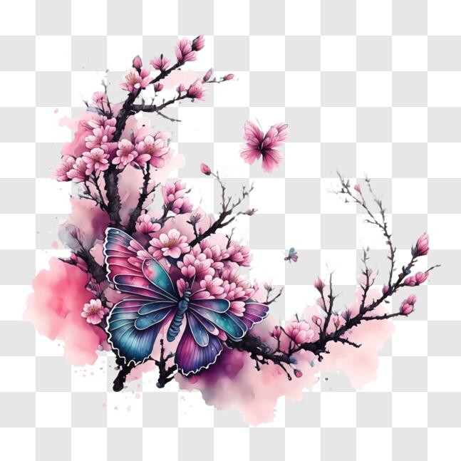 Download Watercolor Painting of a Pink Flower with Butterflies PNGs ...