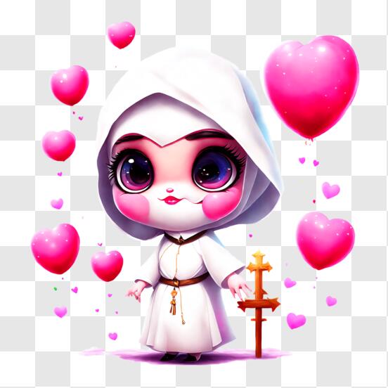 Download Cartoon Nun Surrounded by Pink Hearts and Balloons PNG Online -  Creative Fabrica
