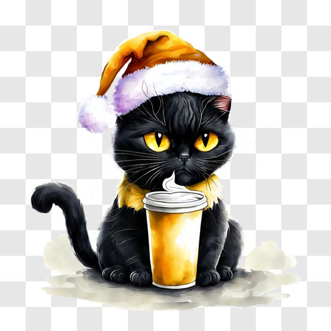 Download Adorable Black Cat with Santa Hat Enjoying a Cup of Coffee PNG ...
