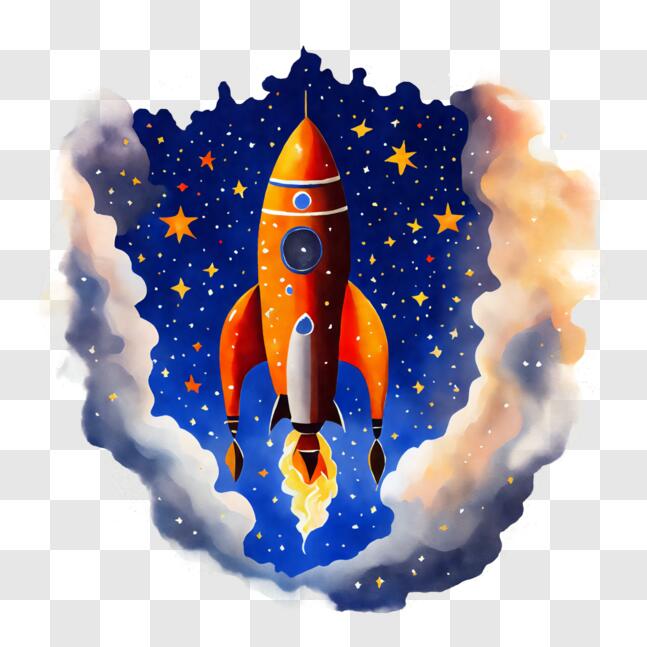 Download Orange Rocket in the Clouds - Space Poster for Kids PNG