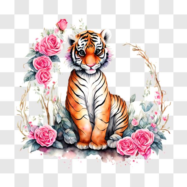 Download Beautiful Tiger Surrounded by Pink Roses PNG Online - Creative ...