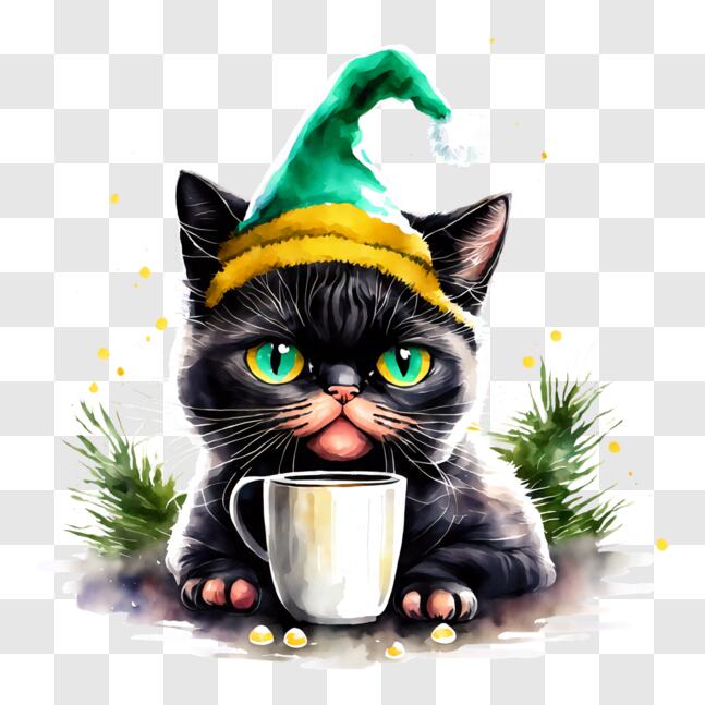 Download Cute Black Cat in Elf Hat Enjoying Coffee PNG Online ...