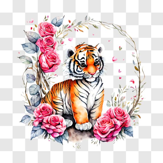 Download Adorable Tiger Amongst Pink Roses PNG Online - Creative Fabrica
