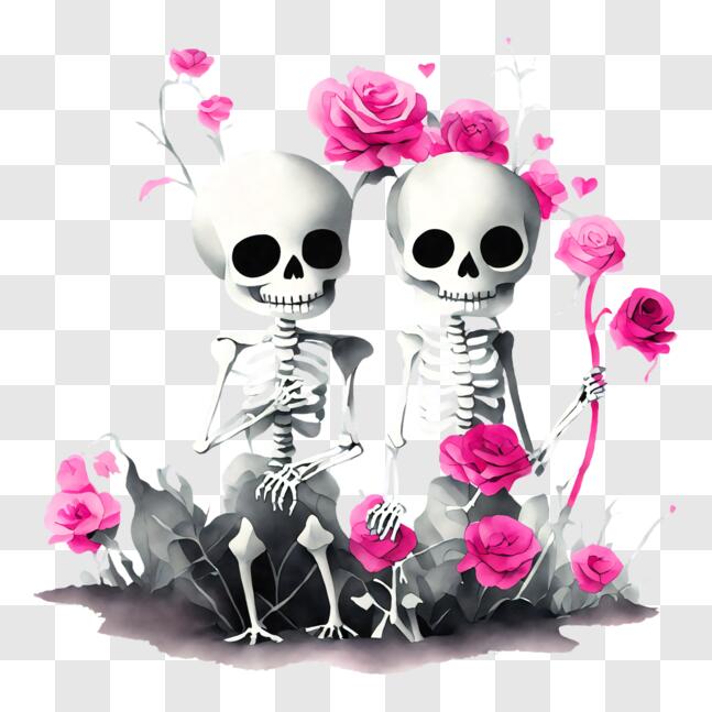 Download Skeletons Celebrating Valentine's Day with Pink Roses PNGs ...