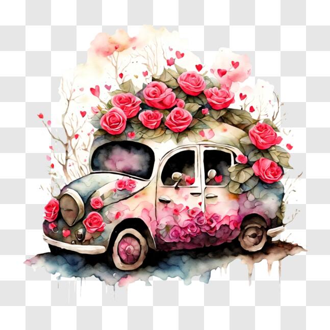 Download Vintage Car with Rose Decorations PNG Online - Creative Fabrica
