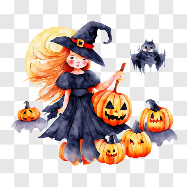 Download Girl in Witch Costume with Pumpkins and Full Moon PNGs Online ...