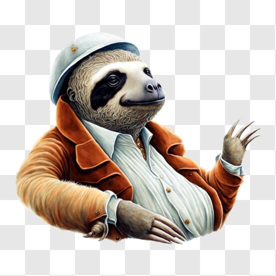 Sloth wearing an overcoat and hat with hands raised