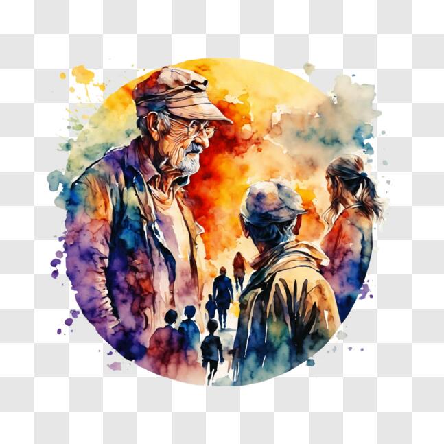 Download Colorful Watercolor Painting with Old Man and People PNG ...