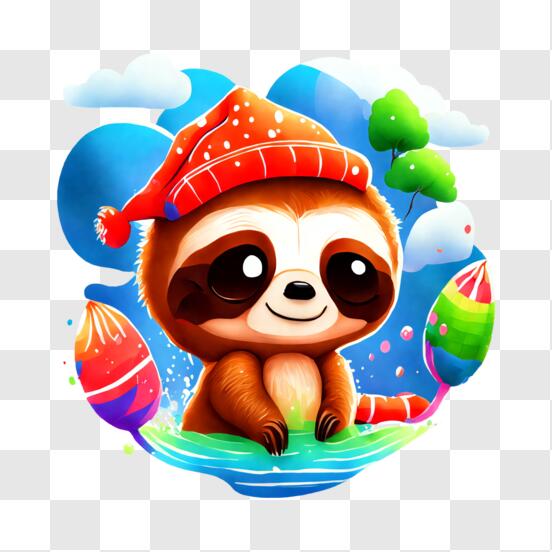Cute Sloth Wearing Elf Hat and Sitting on Balloons