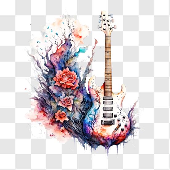 Dessin au crayon de couleur pour guitare acoustique avec bouquet de fleurs  · Creative Fabrica