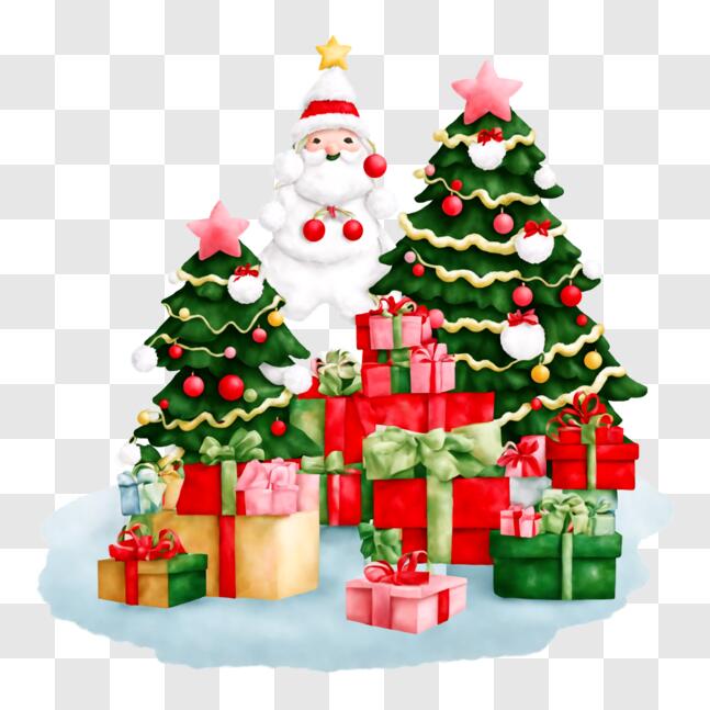 Download Cartoon Santa Claus with Christmas trees and presents PNG ...