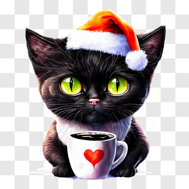 Download Cute Black Cat with Green Eyes and Santa Cap PNG Online ...
