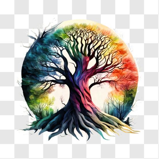 Download Colorful Tree of Life with mountains, clouds, and rainbows ...