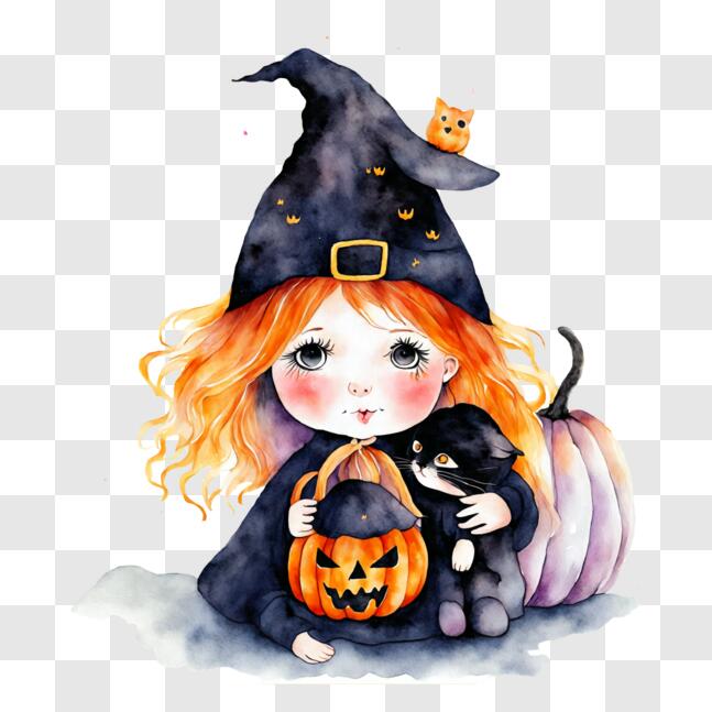Download Watercolor Painting of a Girl with Black Cats in Witch Costume ...