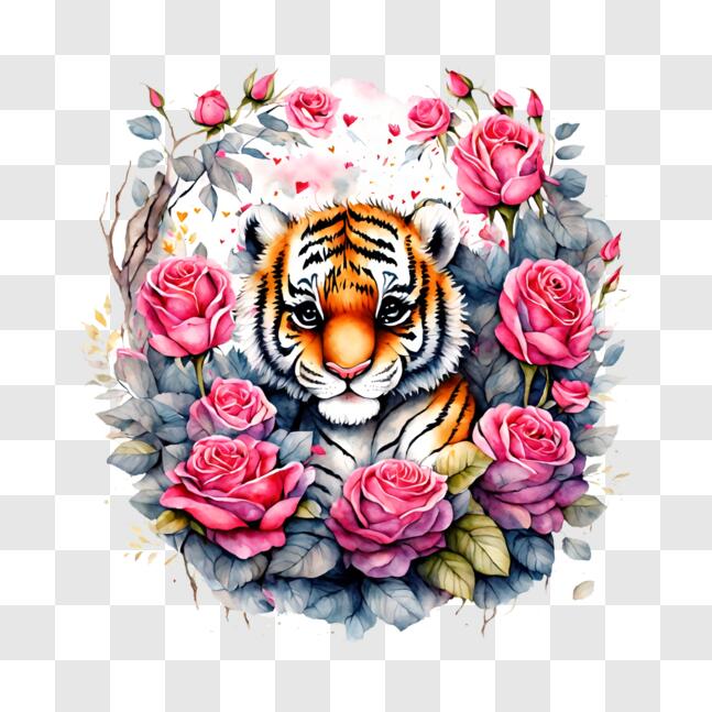Download Tiger Surrounded by Pink Roses and Flowers PNGs Online ...