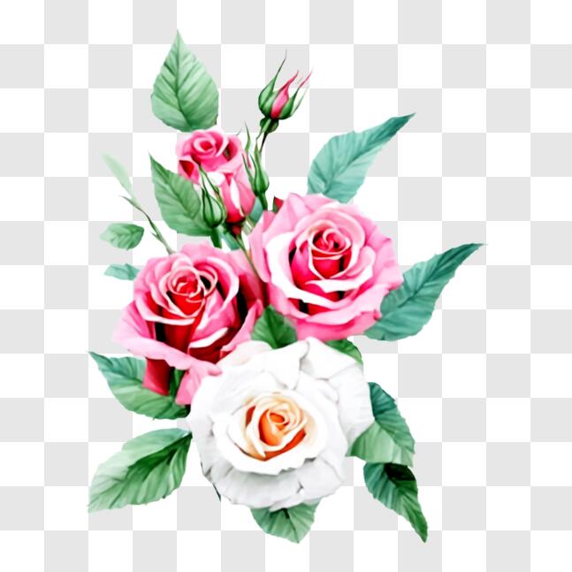 Download Bouquet of Pink and White Roses with Green Leaves PNGs Online ...