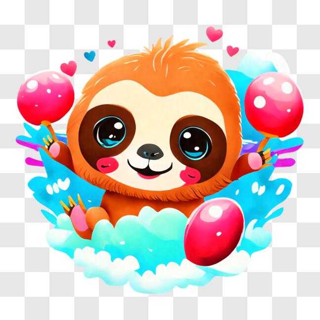 Cute Sloth Sticker with Lollipop Balloons PNG