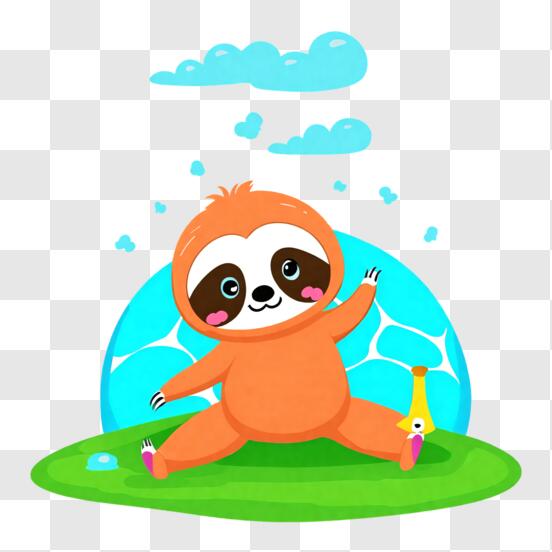 Cute Sloth Doing Yoga on Grass with Cloudy Background