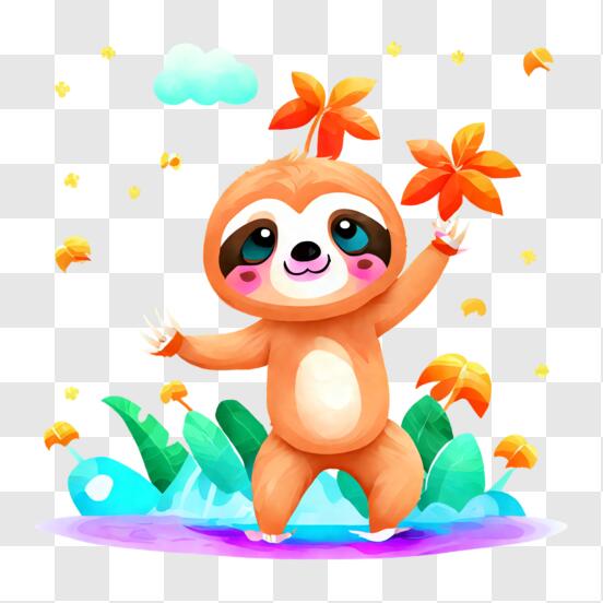 Cartoon Sloth Dancing in Water with Leaves and Flowers