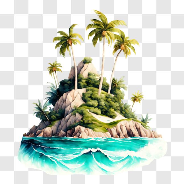 Download Tropical Island Painting with Palm Trees and Waves PNGs Online ...