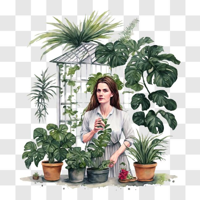Download Woman tending to her plants in a beautiful garden PNG Online ...