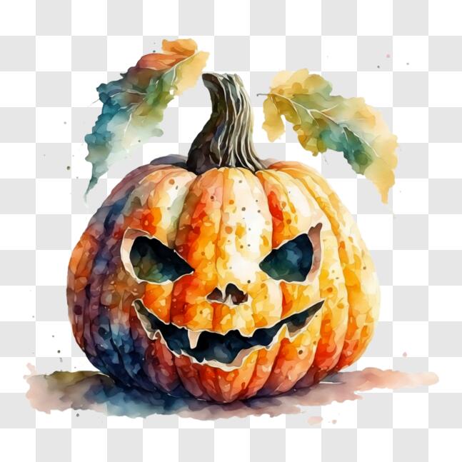 Download Watercolor Painting of Halloween Pumpkin with Black Leaves ...