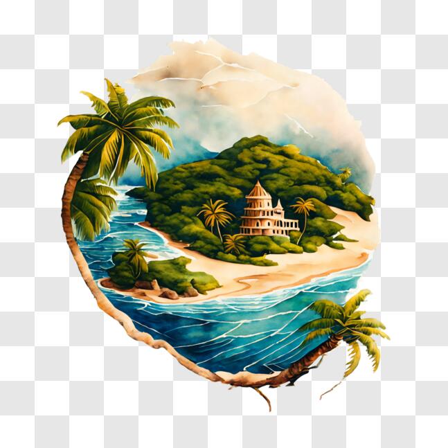 Download Tropical Island Painting with Palm Trees and Ocean PNGs Online ...