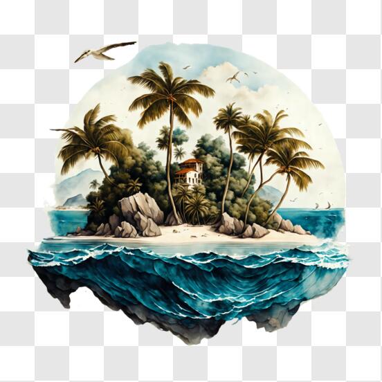 Scarica Quadro di un paradiso isola con palme e gabbiani PNG Online -  Creative Fabrica