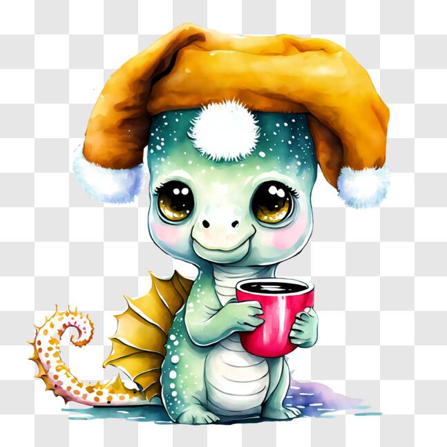 Download Adorable Dragon with Elf Hat and Coffee PNG Online - Creative ...