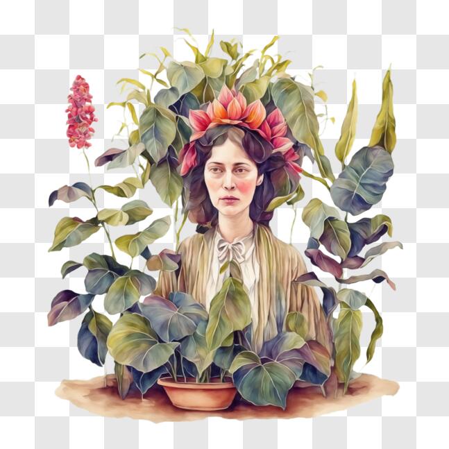 Download Woman with Flowers in Hair - Artistic Illustration PNG Online ...