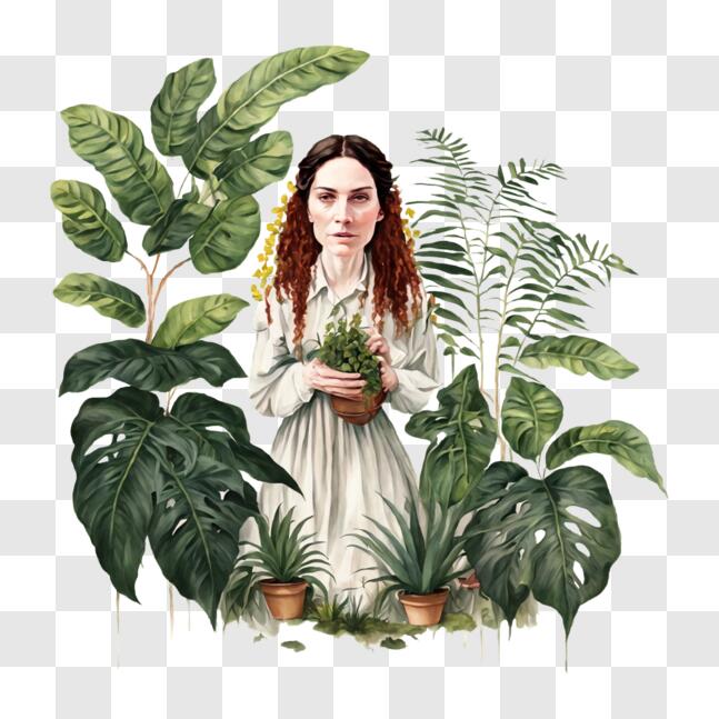 Download Woman with Long Flowing Hair Tending to Plants in a Green ...