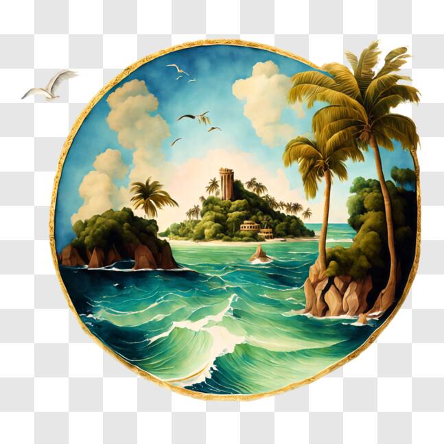 Download Tropical Island Painting with Palm Trees and Seagulls PNGs ...