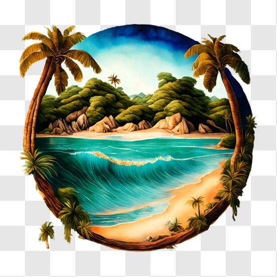 Download Idyllic Beach Painting with Palm Trees and Islands PNG Online ...