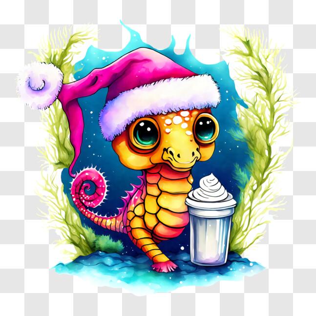Download Festive Cartoon Seahorse with Santa Hat and Coffee PNG Online ...