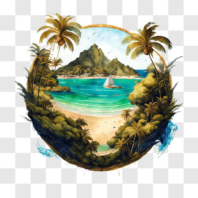 Download Idyllic Tropical Landscape Painting with Sailboat PNG Online ...