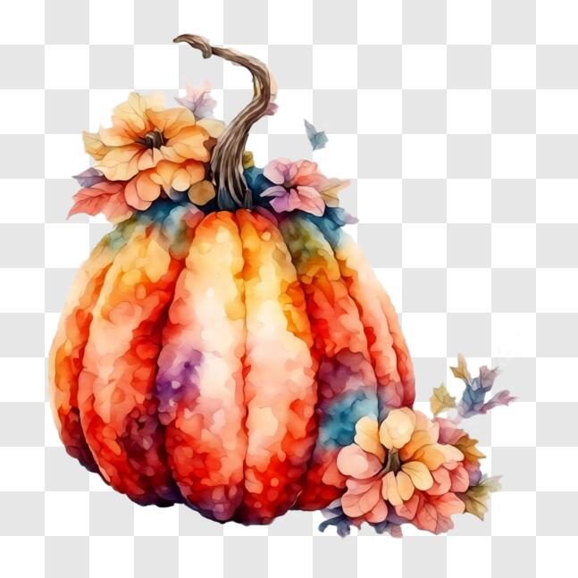 Download Watercolor Pumpkin with Flowers and Leaves PNGs Online ...