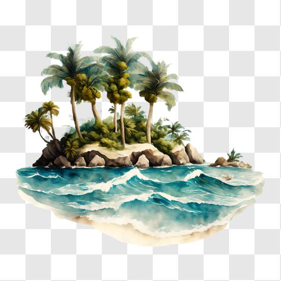 Download Tropical Island Painting with Palm Trees and Waves PNGs Online ...