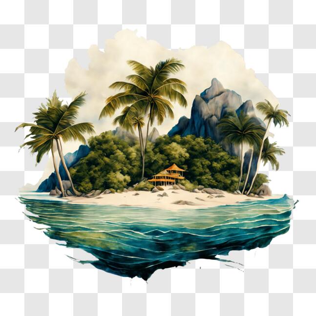 Download Tropical Island with Palm Trees, House, and Mountains PNGs ...
