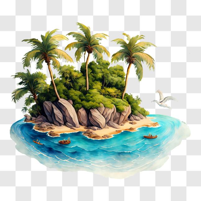 Download Tropical Island with Palm Trees and Boats PNGs Online ...