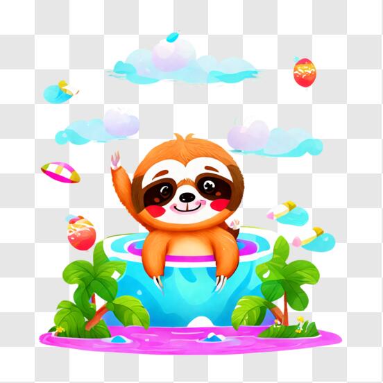 Cute Sloth Waving in Inflatable Pool with Colorful Balloons