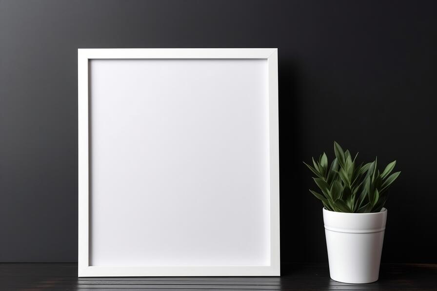 Download White Frame and Potted Plant on Wooden Table Mockups Online ...