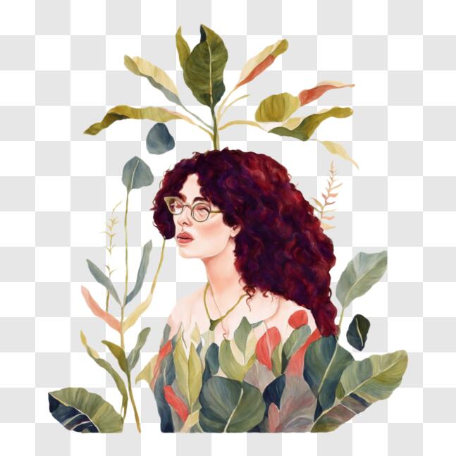 Download Stylish Woman with Red Hair and Glasses in Lush Greenery PNG ...