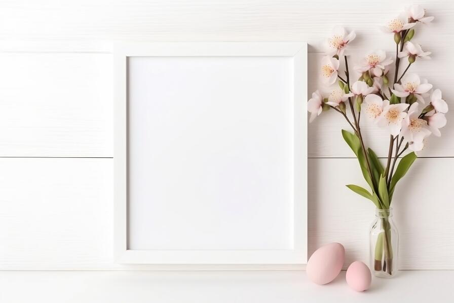 Download White Frame with Pink Flower and Easter Eggs on Wooden Table ...