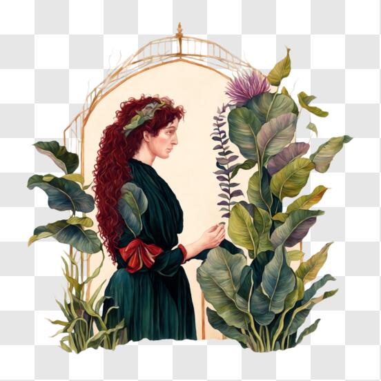 Gemälde einer Frau mit roten Haaren vor einem floralen Torbogen